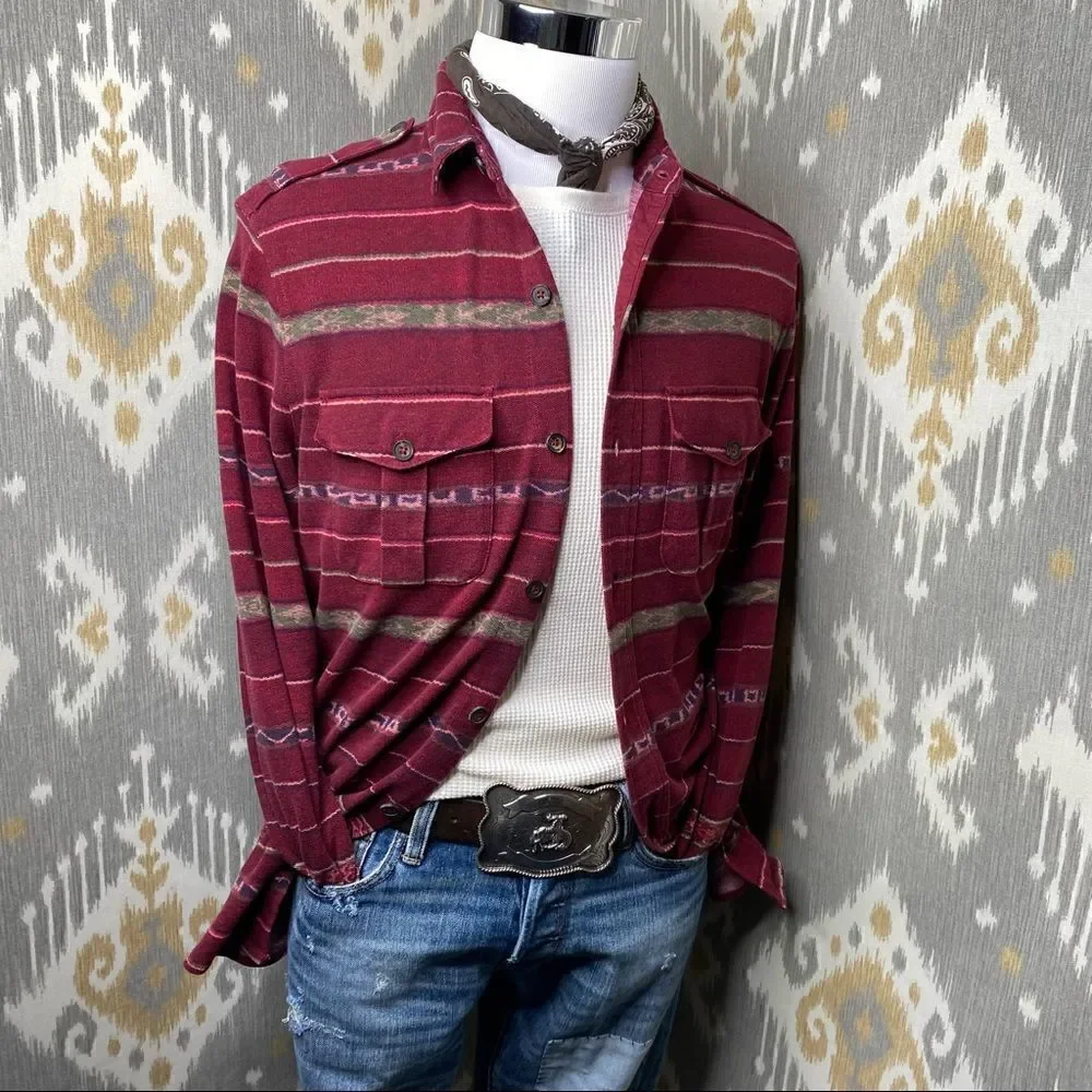 Polo Ralph Lauren Southwest Red Desert Print Cotton Mesh Knit Button Up Shirt